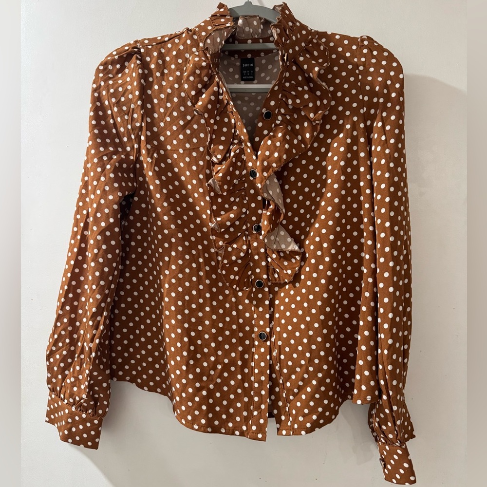 Brown Polka Dot Ruffle Blouse